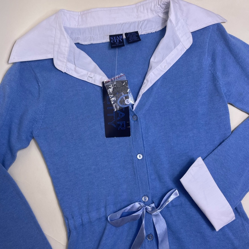 NWT vintage academia light blue layered button down blouse with satin waist tie